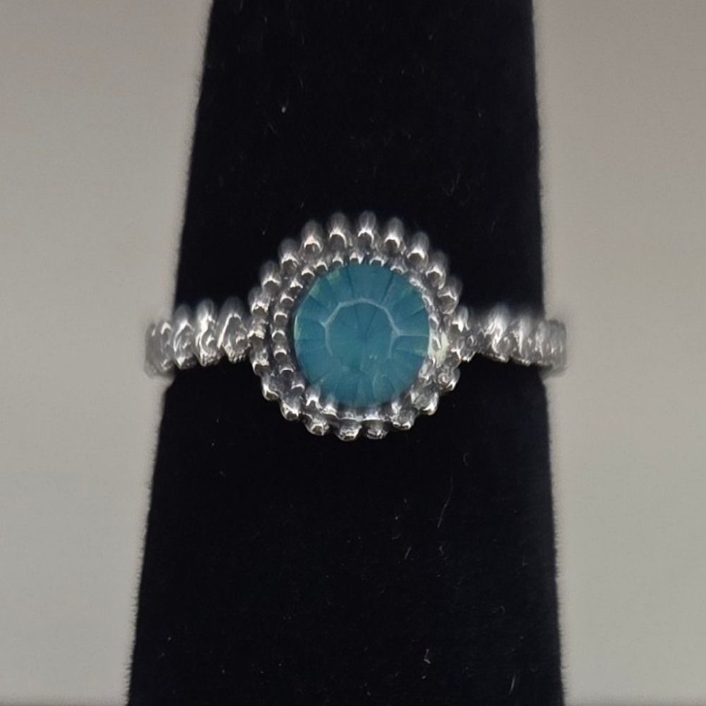 Silver Tone Turquoise Blue Stone Beaded Halo Textured Band Statement Ring 0390